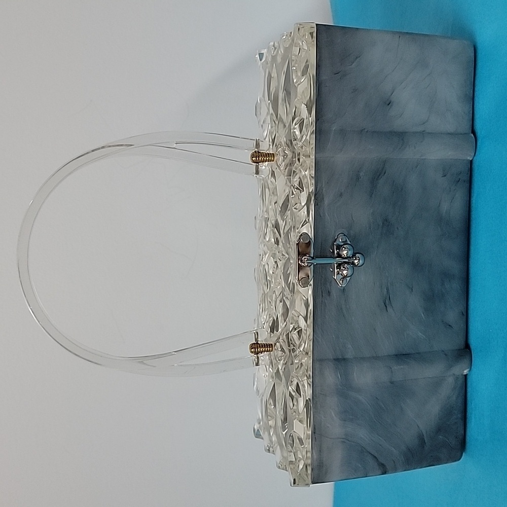 1950s Grey Lucite Marbled Body with Contrasting Textured Clear Lucite Handbag